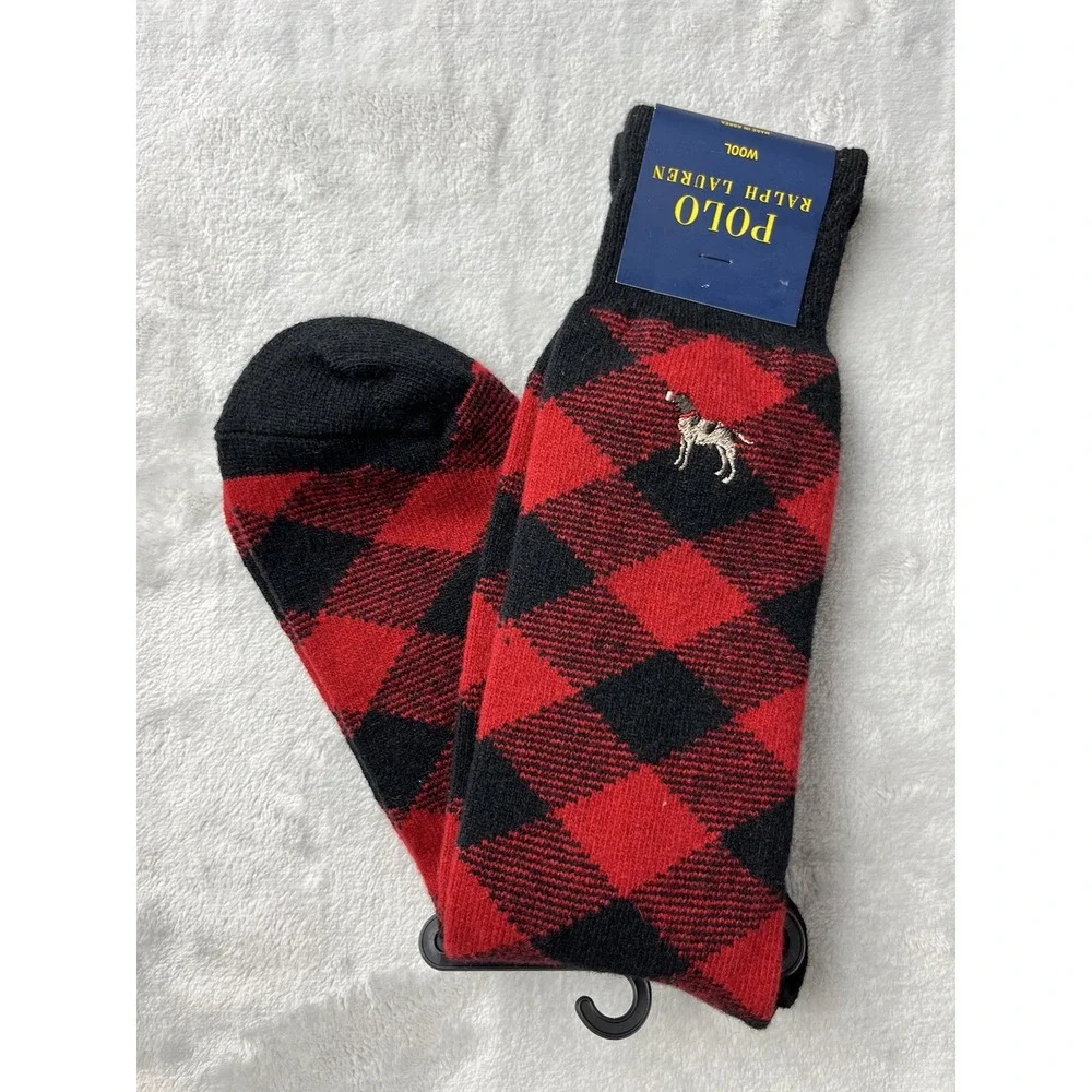 POLO RALPH LAUREN Sock Men Size 10-13 Hunting Dog Embroidered Red Diamond Check
